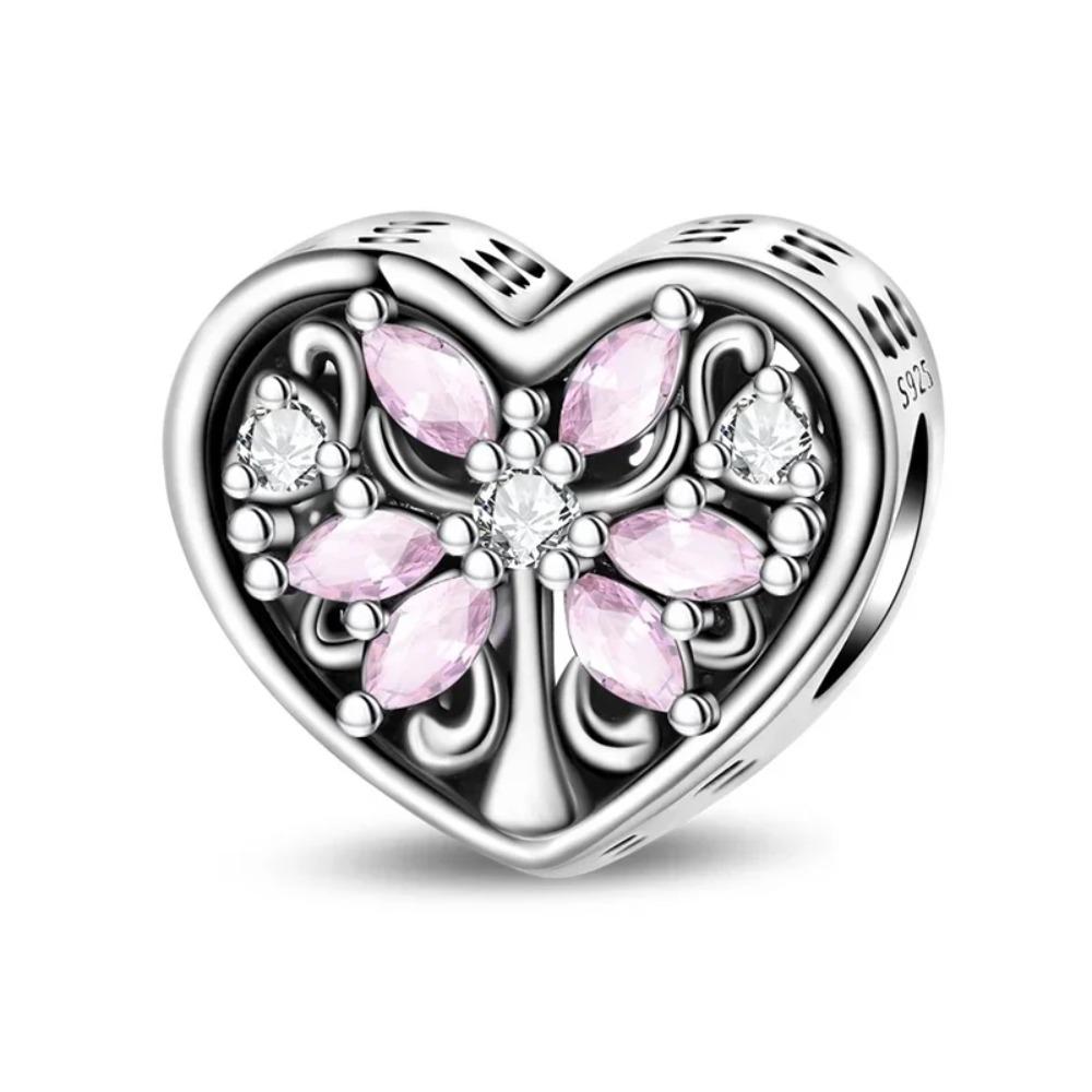 925 Silver Pink Blossom Dangle Charm Butterfly Heart Flower Rose Bird Bead For DIY Necklace Bracelet Fine Jewellery