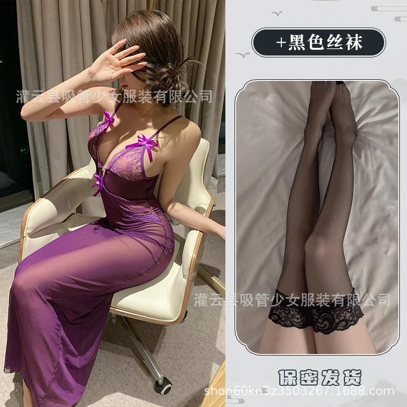 Sexy mesh perspective seduction slim dress sexy lingerie deep V hot