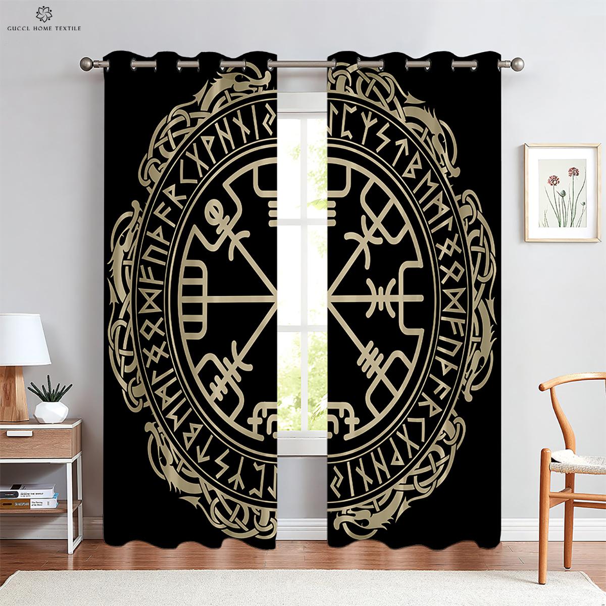 

Vintage Viking Totem Shield Drapes, Window Curtains, Bedroom, Living Room, Balcony, Decorative Curtain Rod Pocket, Custom W50xH130(CM)x2PCS&Rod pocket