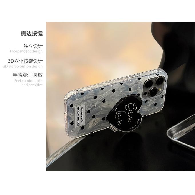 Simple and Stylish Phone Case for iPhone 17 Pro Max, Korean Ins Style, Black Heart Stand, Suitable for iPhone 13, 14, 16