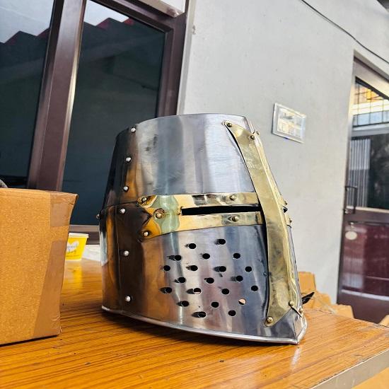 Handcrafted Steel Crusader Helmet Medieval Knight Great Helm with Brass Trim