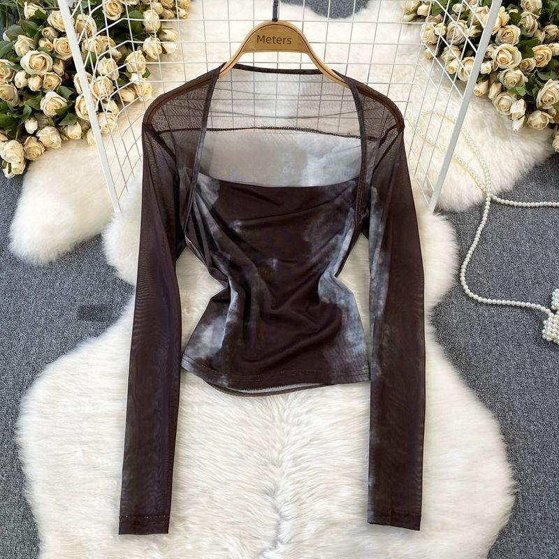 Long Sleeve Square-Neck Tie Dye Mesh Sunscreen Slim Fit Fake Two-Piece