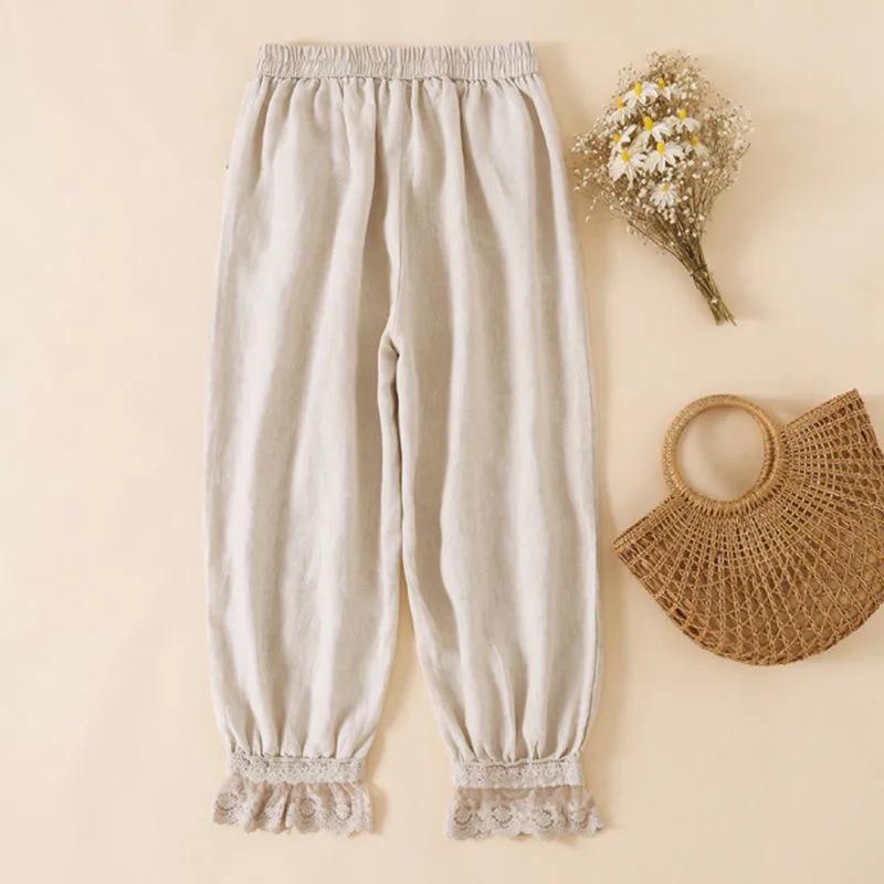 Women's Spring/Summer Vintage Embroidered Patchwork Lace Pants Japanese-Style Tapered Capri Pants