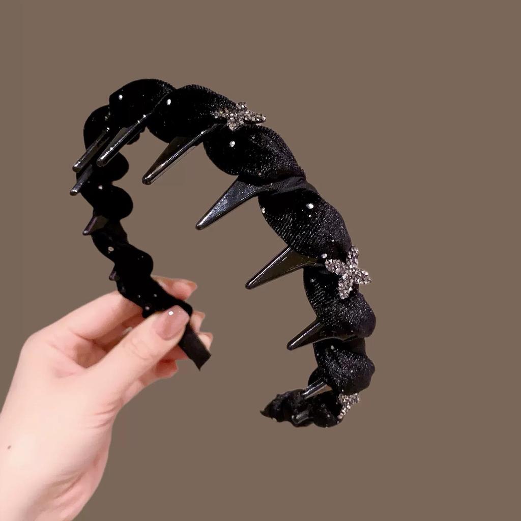 Women French Sparkling Pearl Wavy Headband, High Skull Top Toothed Hair Band, Non-slip External Wear Pressure-Reducing Hair Accessory