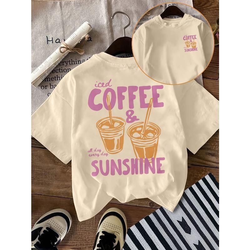 T-shirt casual da donna a maniche corte - Stampa con lettere 'Caffè Ghiacciato e Sole', Un regalo perfetto per gli amanti del caffè. Top Girocollo Regular Fit,