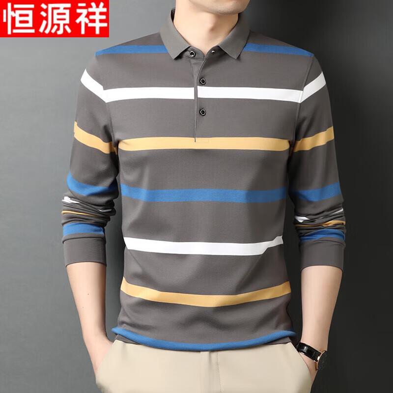 Hengyuanxiang Men's Striped Pure Cotton Long-Sleeve Polo T-Shirt