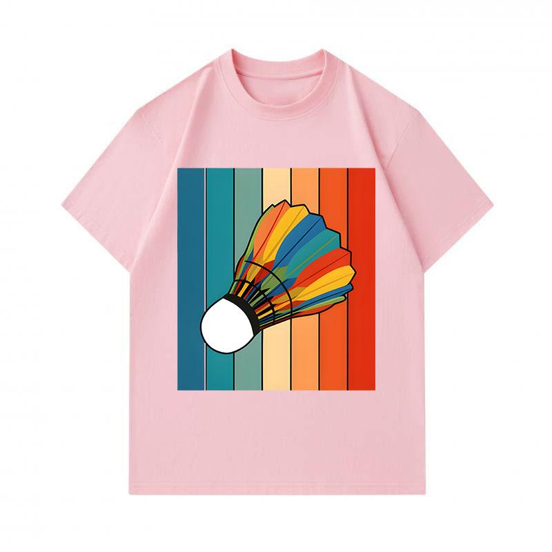 Men's 100% Cotton Crew Neck Short Sleeve T-Shirt, Retro Rainbow Striped Badminton Shuttlecock Graphic Casual Tee for Daily Wear