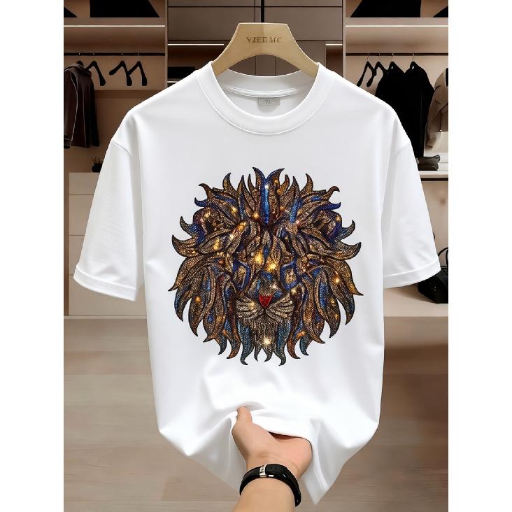 Men's Luxury Sparkling Rhinestone Lion & Mane Print T-Shirt - Short Sleeve Crew Neck with Lion Mane Print, Machine Washable Regular Fit Casual &