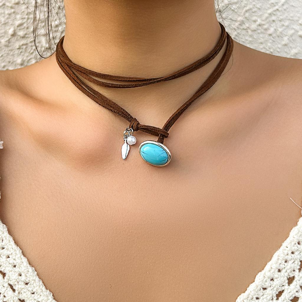 Ethnic Wind Turquoise Double Layer Korean Velvet Collarbone Chain Choker Sweet Cool Simple Necklace Female Jewellery