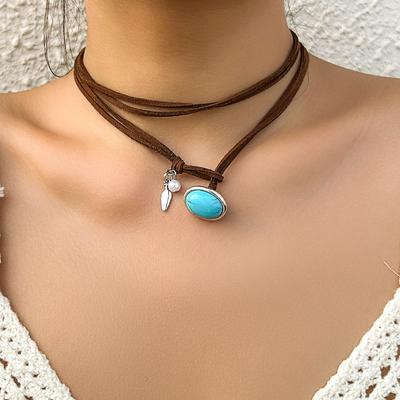 Versatile Geometric Double-layer Adjustment Necklace, Simple Ethnic Fringed Pendant, Turquoise Necklace for Women