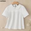 VONDA Summer Women Lapel Neck Solid Color Summer Short Sleeve Texture Casual Blouse Tops