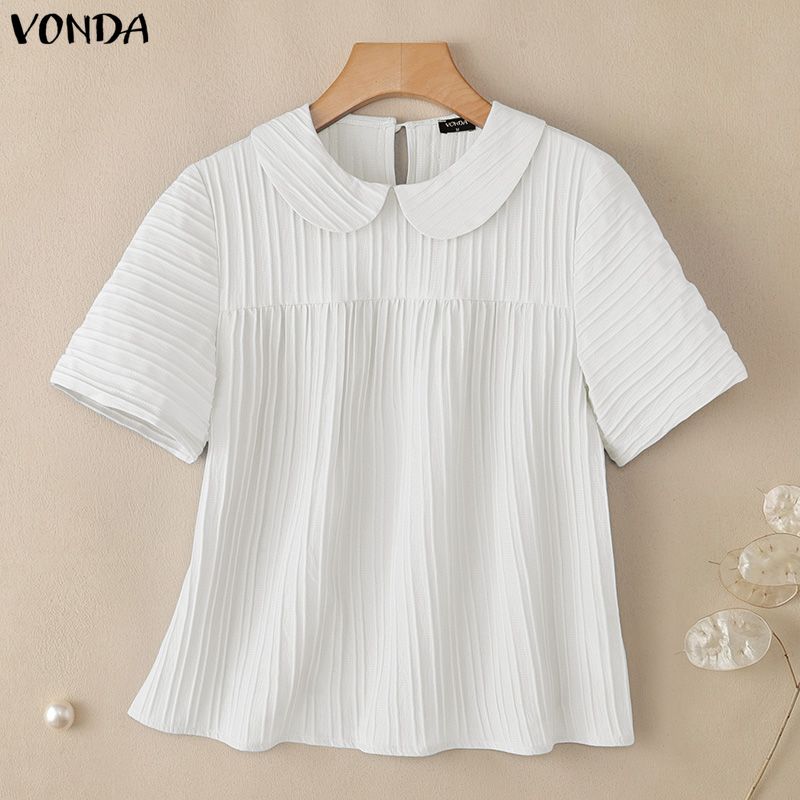 VONDA Summer Women Lapel Neck Solid Color Summer Short Sleeve Texture Casual Blouse Tops