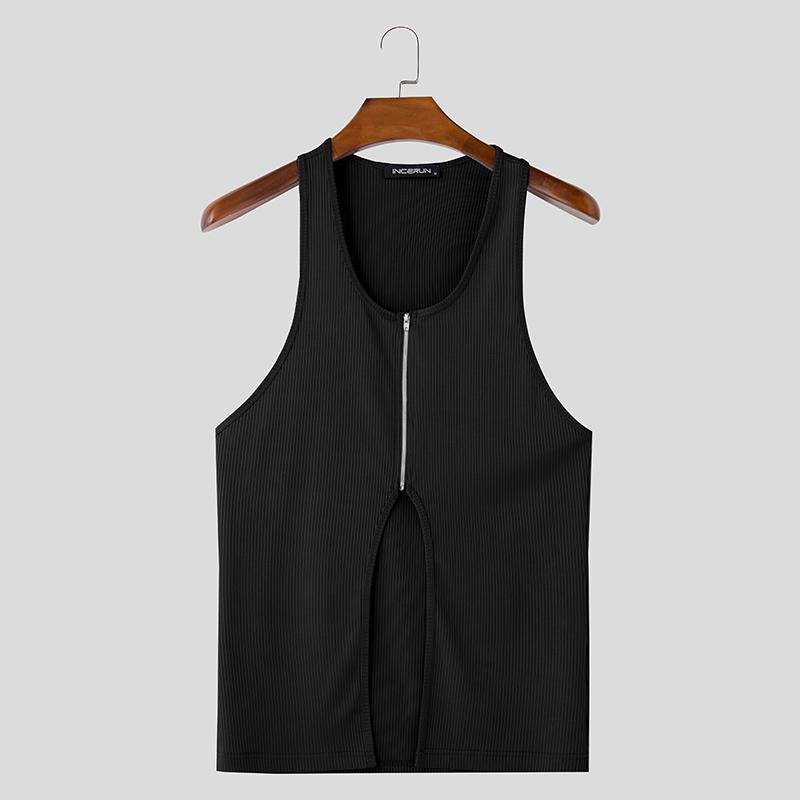

INCERUN Летние мужские безрукавки с вырезами на молнии, однотонные повседневные рубчатые майки M чёрный