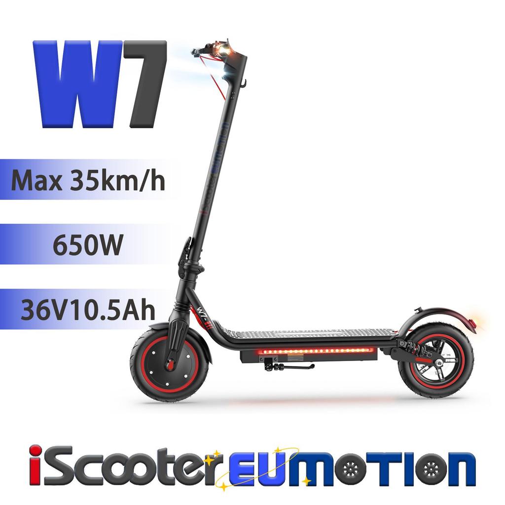 iScooter W7 650W Electric Scooter with Up to 35km/h, Rear Disc Brakes, 36V10.5Ah Battery, Dual Suspension, 8.5" Road Tires, Foldable City E-Scooter