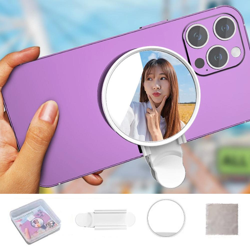 Universal Phone Camera Ring Mirror with Light Rear Camera Selfie Reflector Clip-on Makeup Light with Storage Pouch HD Reflection