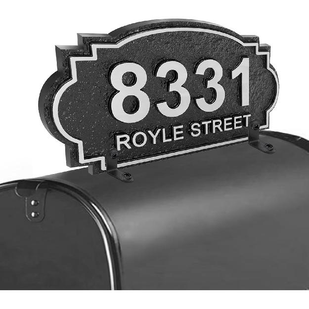 Custom Mailbox Topper Address Sign - 8'' x 4.3'' Hand-Carved House Numbers for Outside, Top Mount Double Sided 911 Visibility Plaque Plate Metal