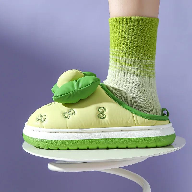 Winter Warm Plush Slippers for Women Home Warm Non-slip Thick Bottom Fluffy Slippers Bows Cotton Slippers Couple Winter Slides