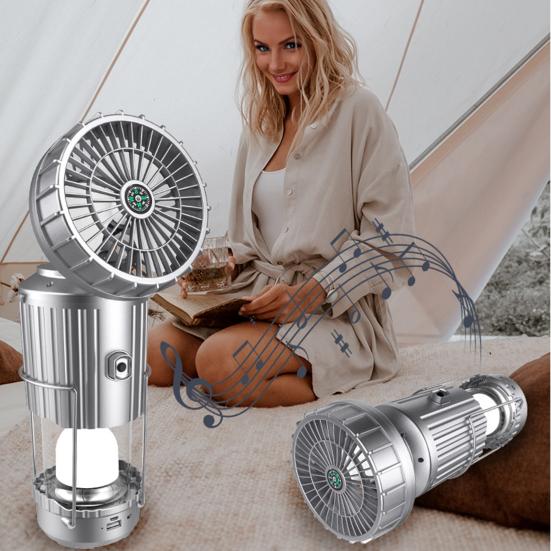 5-in-1 Portable LED Camping Lantern with Fan Bluetooth-compatible Speaker Solar Powered USB Rechargeable Emergency Hanging Light