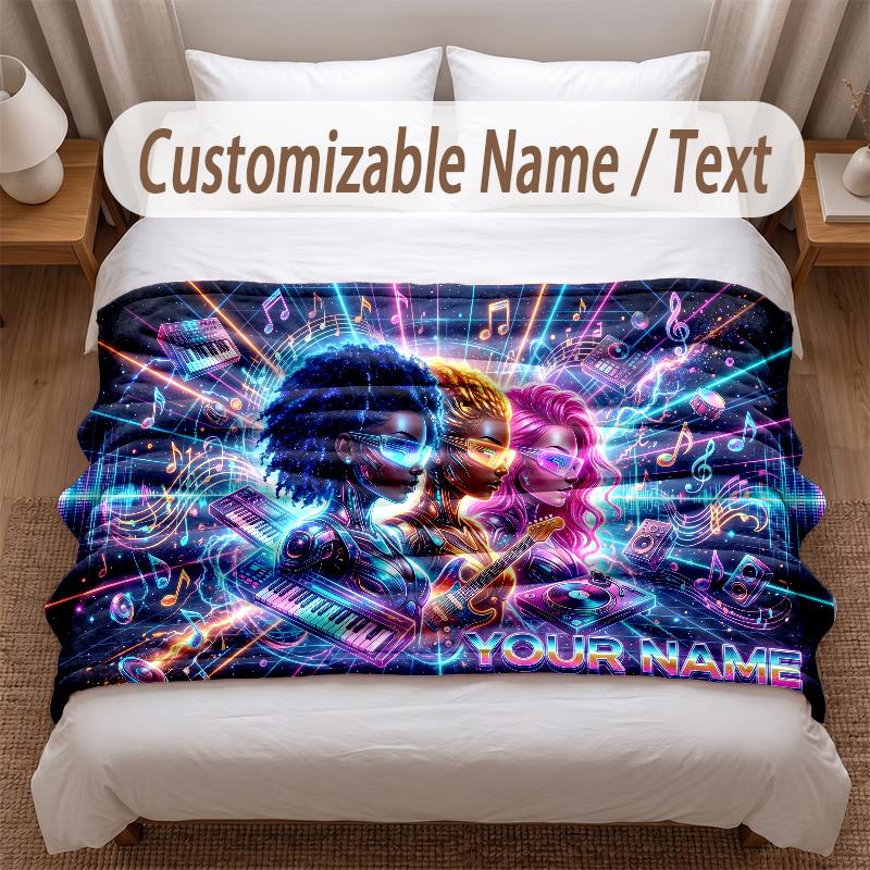 Music General Theme Soft Blanket Personalized Custom Name Text Print Warm Blanket Home Sofa Bedroom Decor