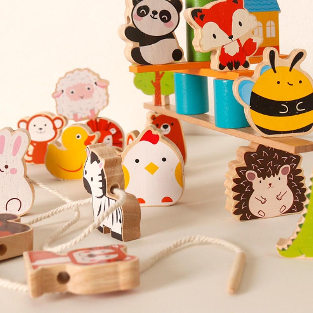Wooden Animal Bead Threading Toy Preschool Lacing Beads Set Screen-Free