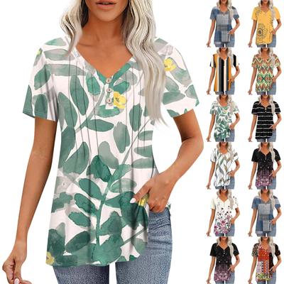 Women's Short-sleeved Shirts Tops Elegant Casual Shirts Pleated V-neck Waist Tops