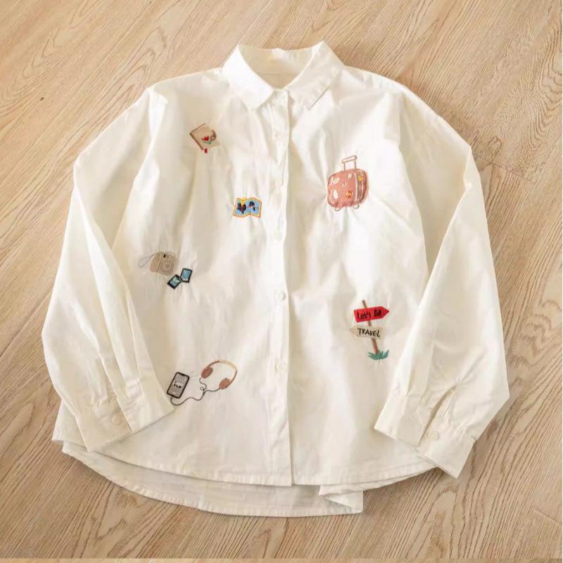 Spring 2026 Slimming Striped Children's Literary Style Women's Embroidered Long Sleeve Shirt
