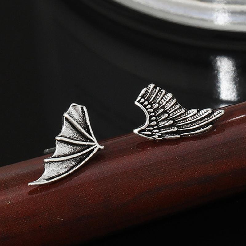 PANJBJ 925 Sterling Silver Red Zircon Studs Earring For Women Neo-Gothic Punk Wing Feather Angel Devil Jewelry Gift Dropshipping