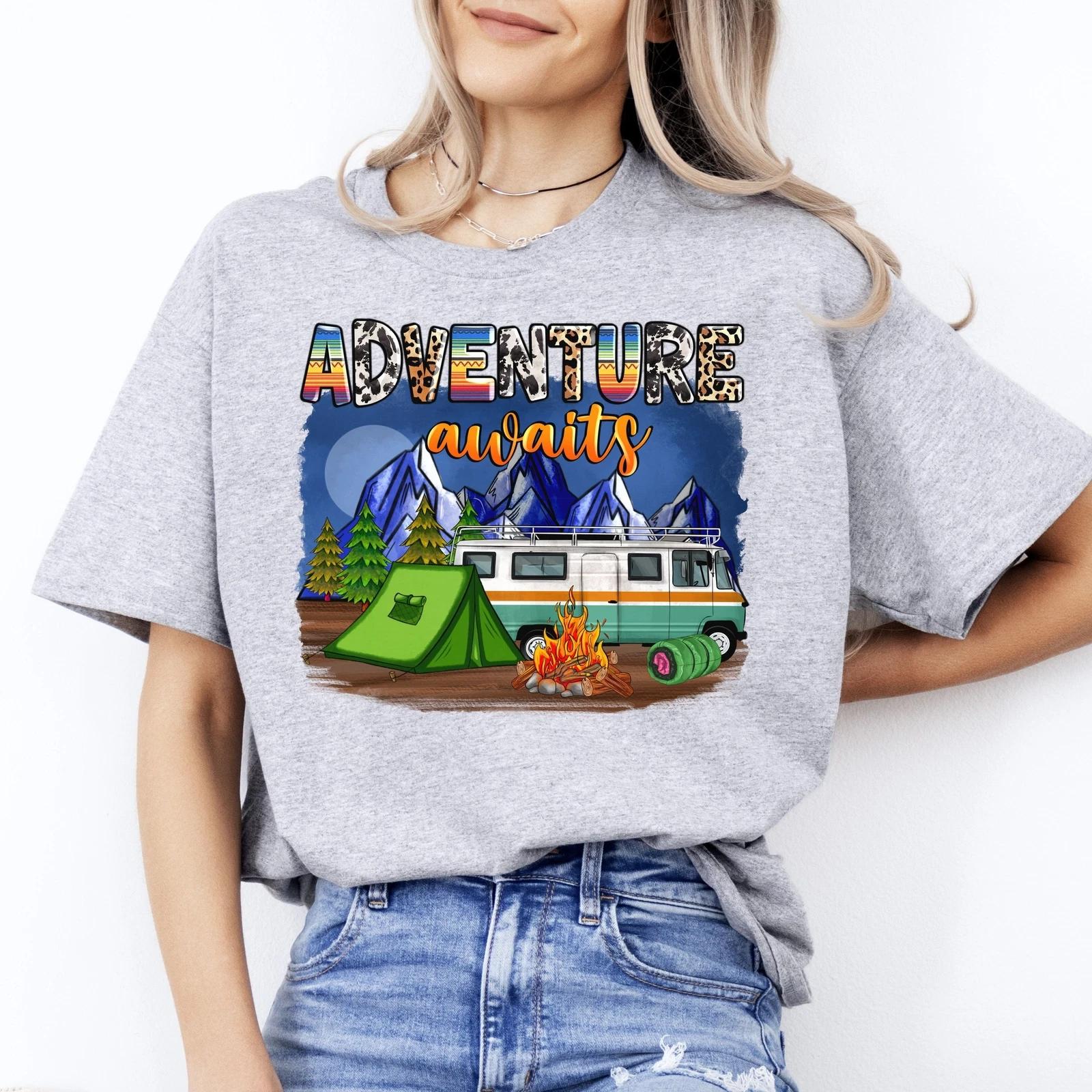 Adventure awaits T-Shirt Camping night tent and bus Unisex tee White Sand Grey M