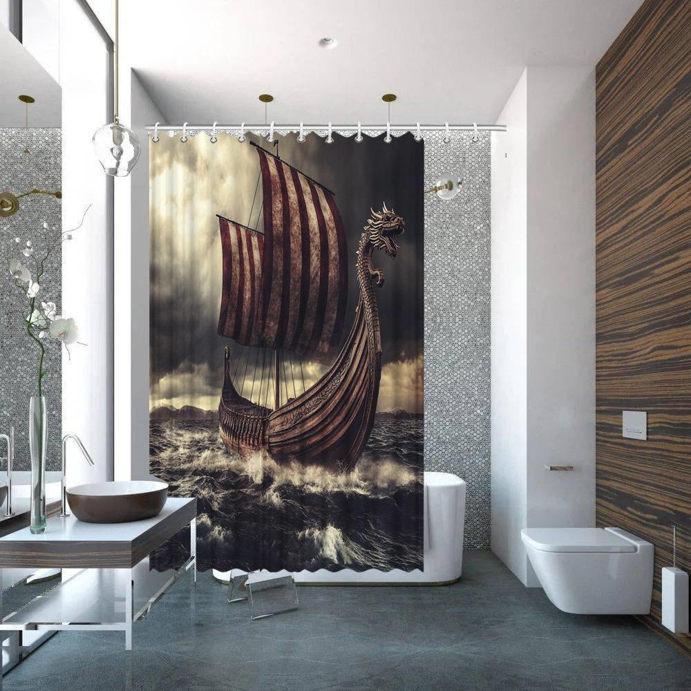 1 шт. Мифический корабль-дракон викингов Штормовое море Фантастическое искусство с красно-белыми полосатыми парусами, Прочный полиэстер 90x180cm