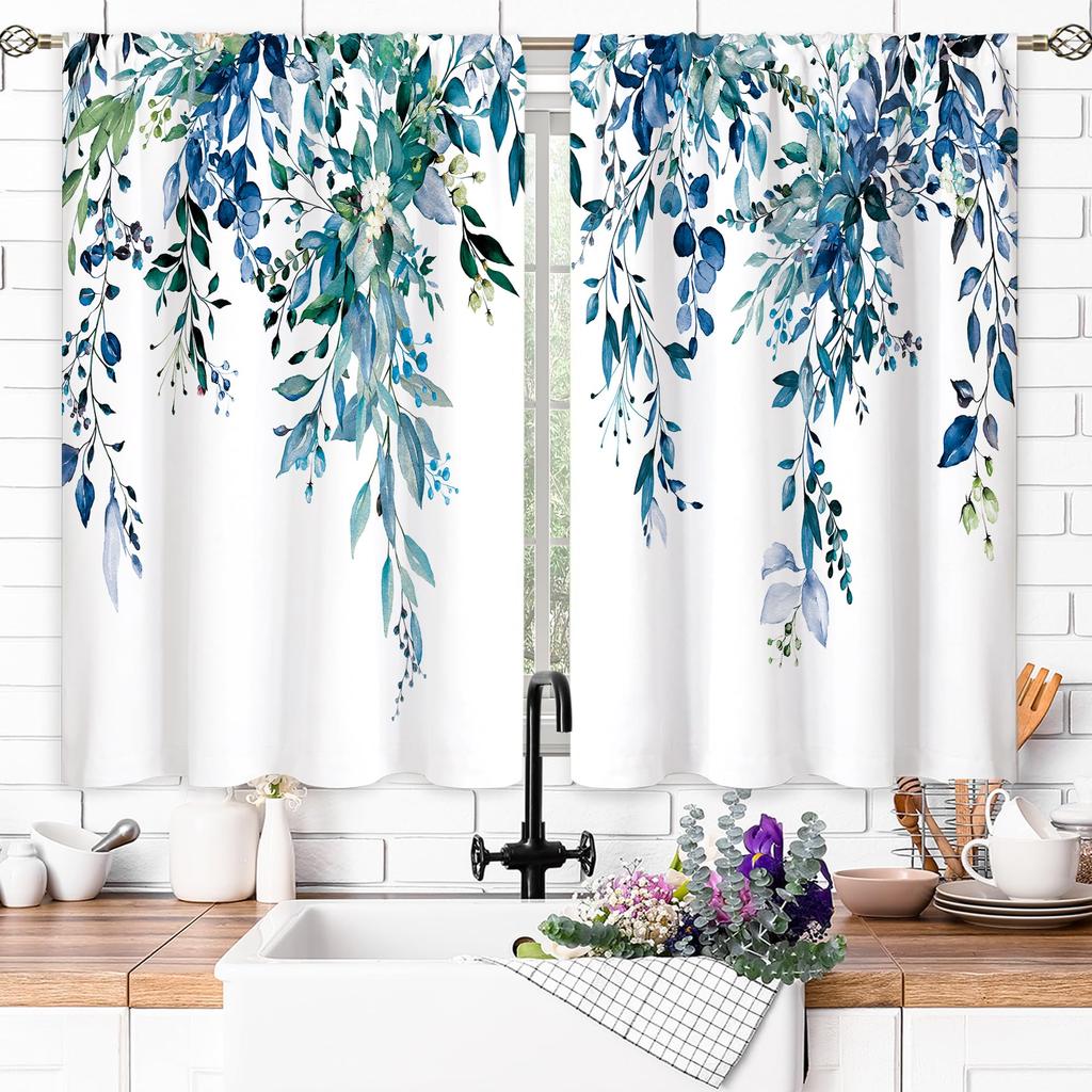 Teal Botanical Eucalyptus Leaves Window Curtains 27.5 x 39 Inches Light Filtering Privacy Privacy Drape for Kitchen Bathroom Bedroom Farmhouse