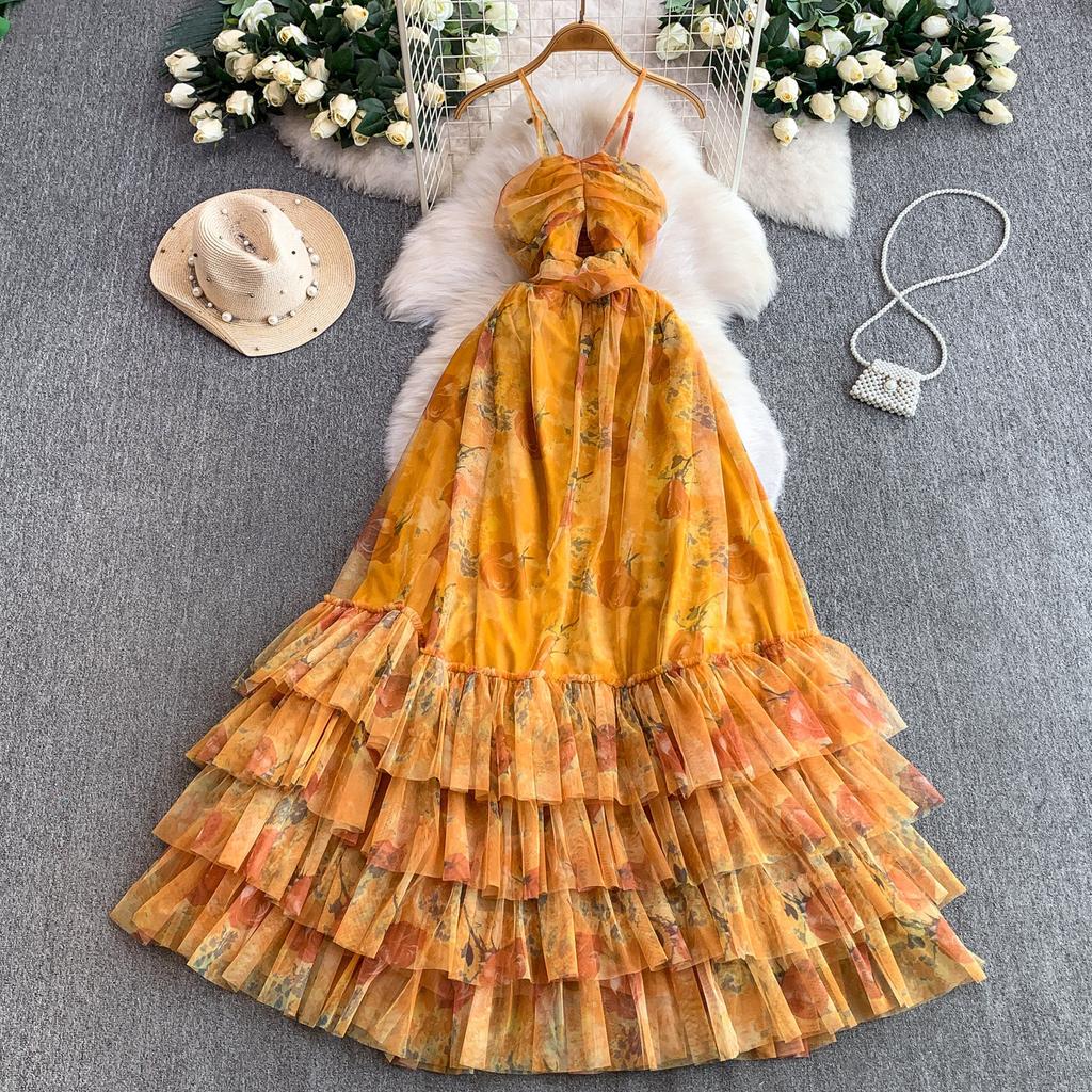 French romantic printing hollow backless suspender dress women's spring and summer mesh yarn waist thin lotus leaf edge fairy dress