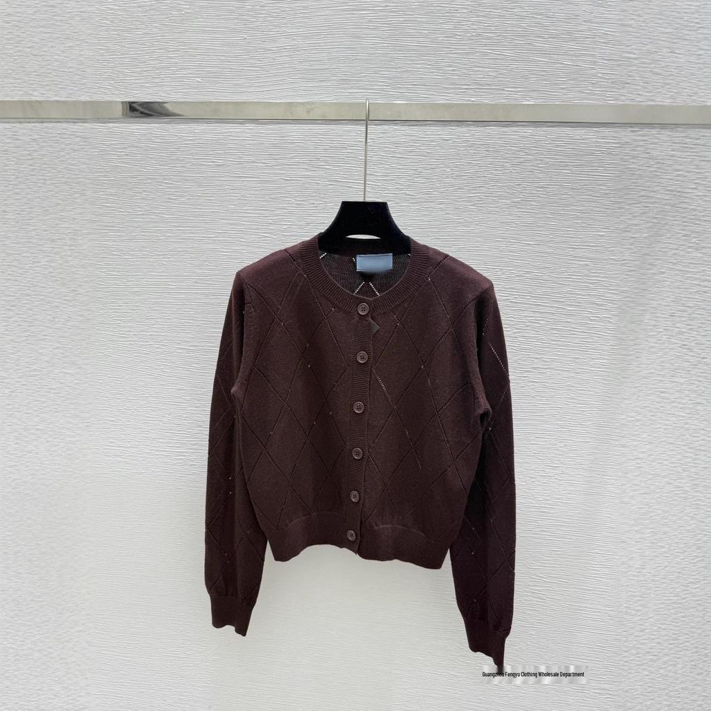 Early Autumn Hollow Grid Round Neck Long Sleeve Knitted Cardigan