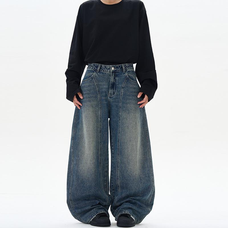 

LKTM Американские Ретро Джинсы-Шаровары Пэчворк с Эффектом Потертости - Унисекс Модные Широкие Джинсы-Полумесяцы 2XL [160-175 lbs]