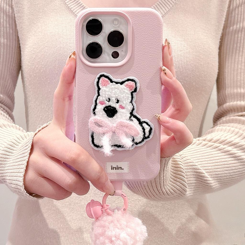 Bow Embroidered West Highland Lychee Pattern IPhone16 15 Mobile Phone Case Suitable for Apple 14 13pmax Cartoon