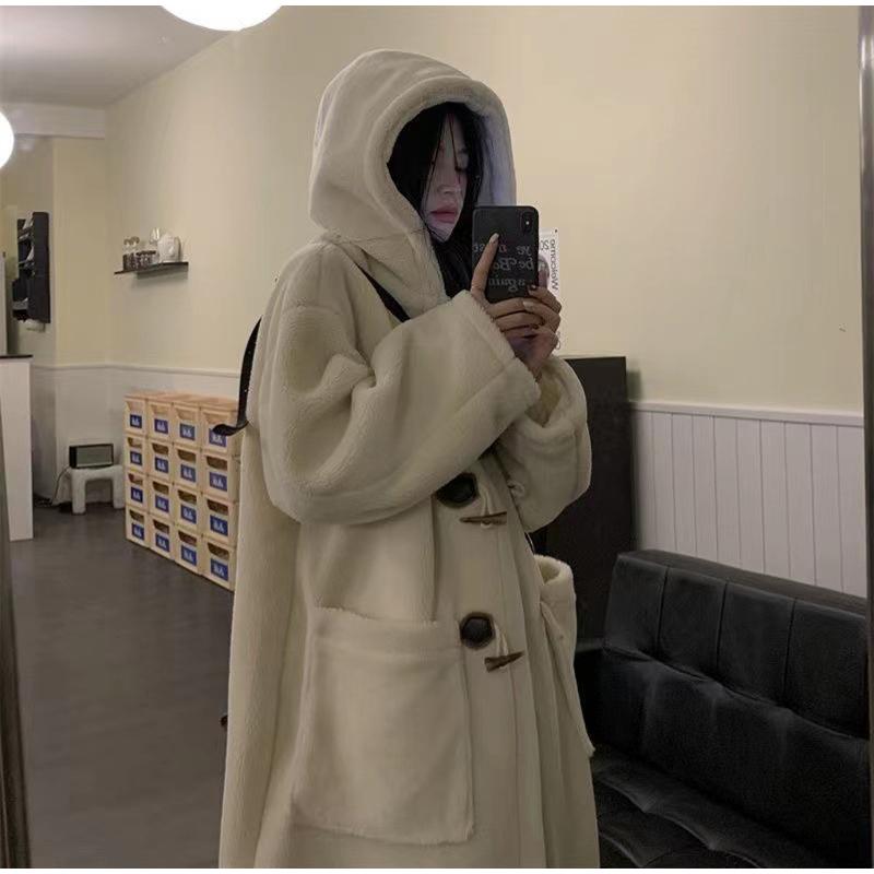 Mid Length Korean Thick Overcoat Cowhorn Button Loose Coat Winter Warm Female Fleece Hoodies Jacket Woman Lamb Wool Coats