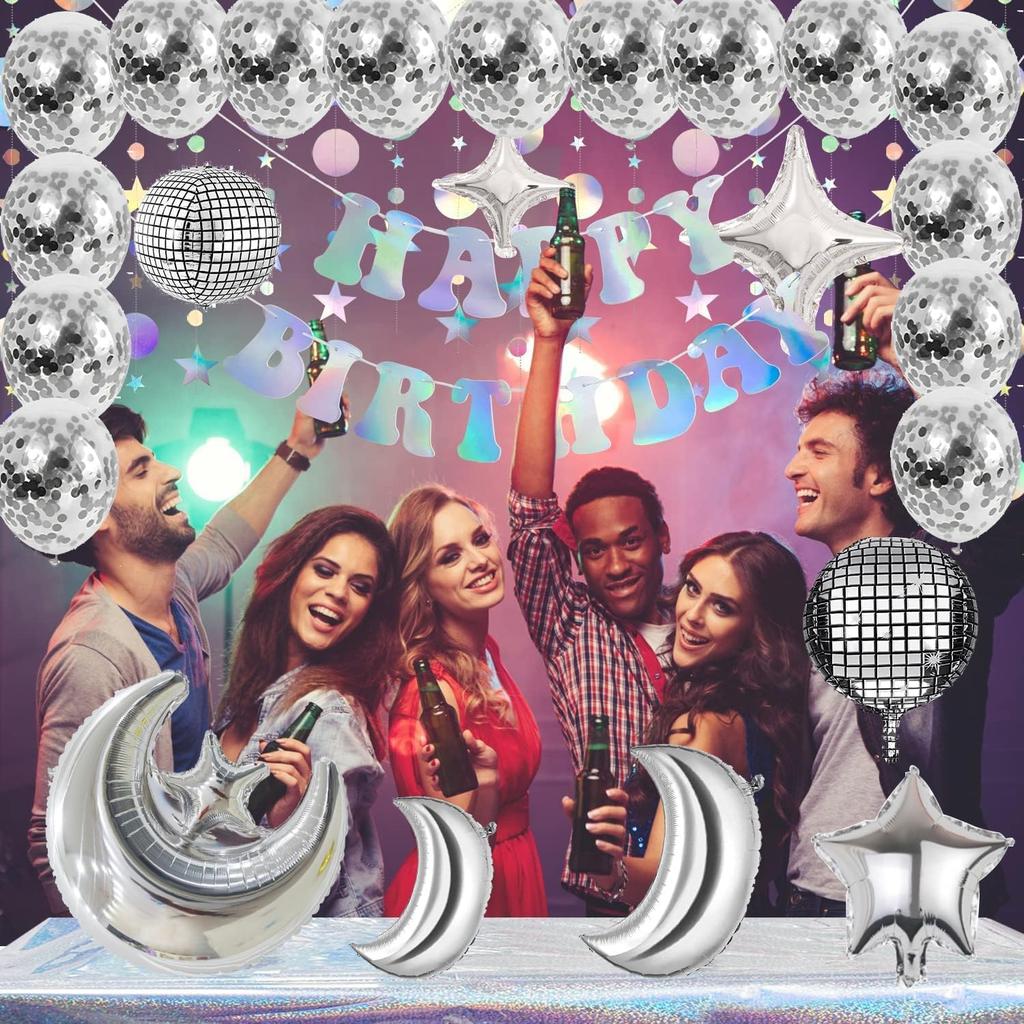 Disco Party Decorations, Iridescent Happy Birthday Banner Cute Foil Birthday Sign Hanging Streamer Balloon for 60s 70s 80s Women Men Cool Retro