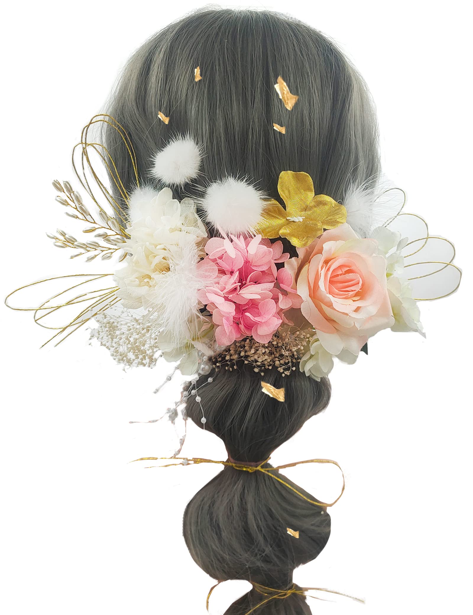 

JZOON Dried Flower Hair Ornament with Gold Leaf, Roses, Dahlias, Artificial Flowers, Japanese Style, Red Hair Accessory, Coming-of-Age Ceremony,