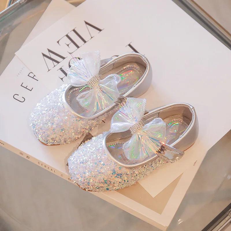 Girls Party princess shoes Bling Children Bow Rhinestone Wedding Performance Kids Flats 26-35