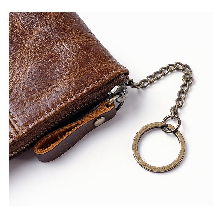 Mens and Women Retro Real Leather Zipper Wallet Card Holder Small Coins Keys Pocket Money Storage Pouch with Chain Key-ring