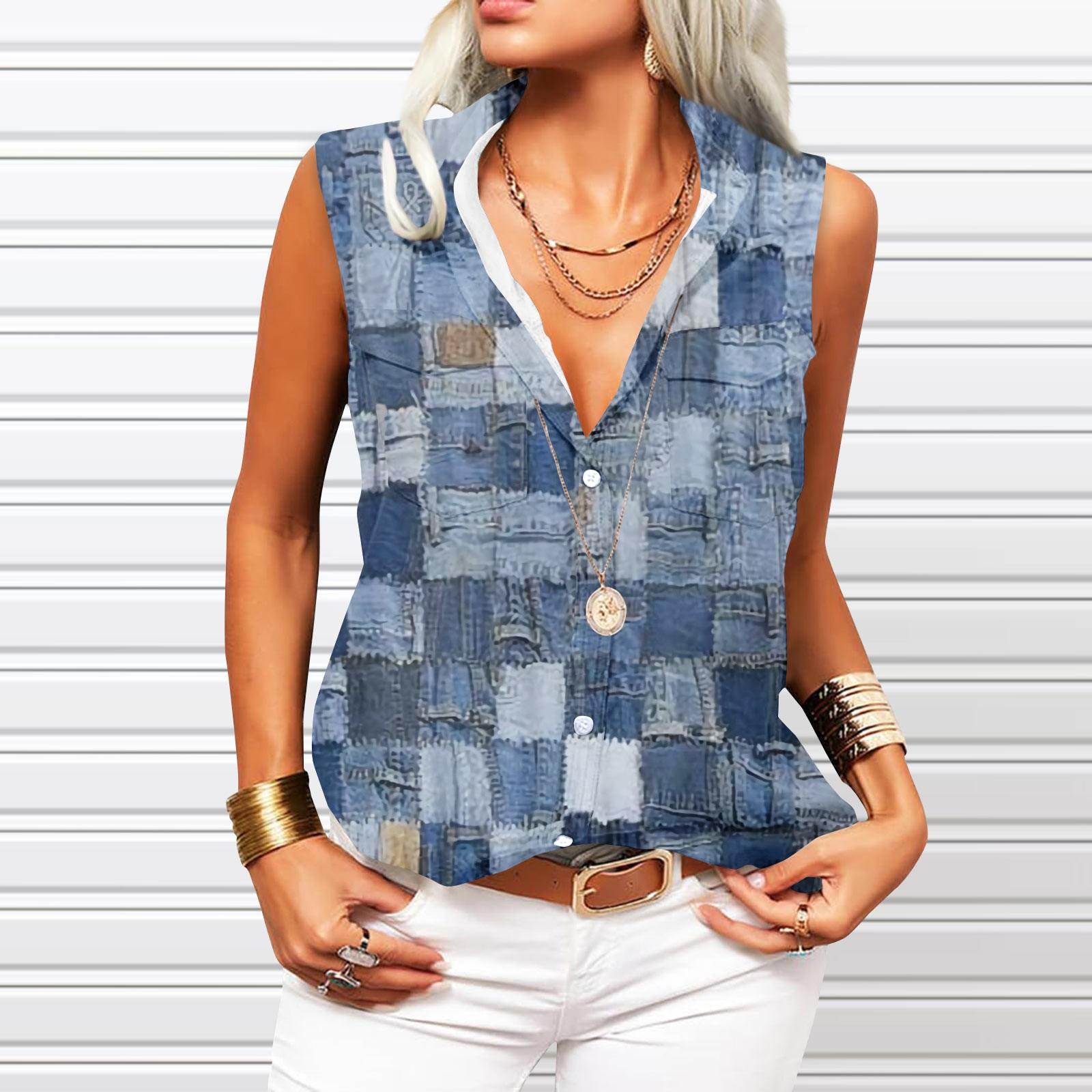 Women s Lapel Sleeveless Tank Tops Summer Button Down Shirts Ladies Shirts S синий
