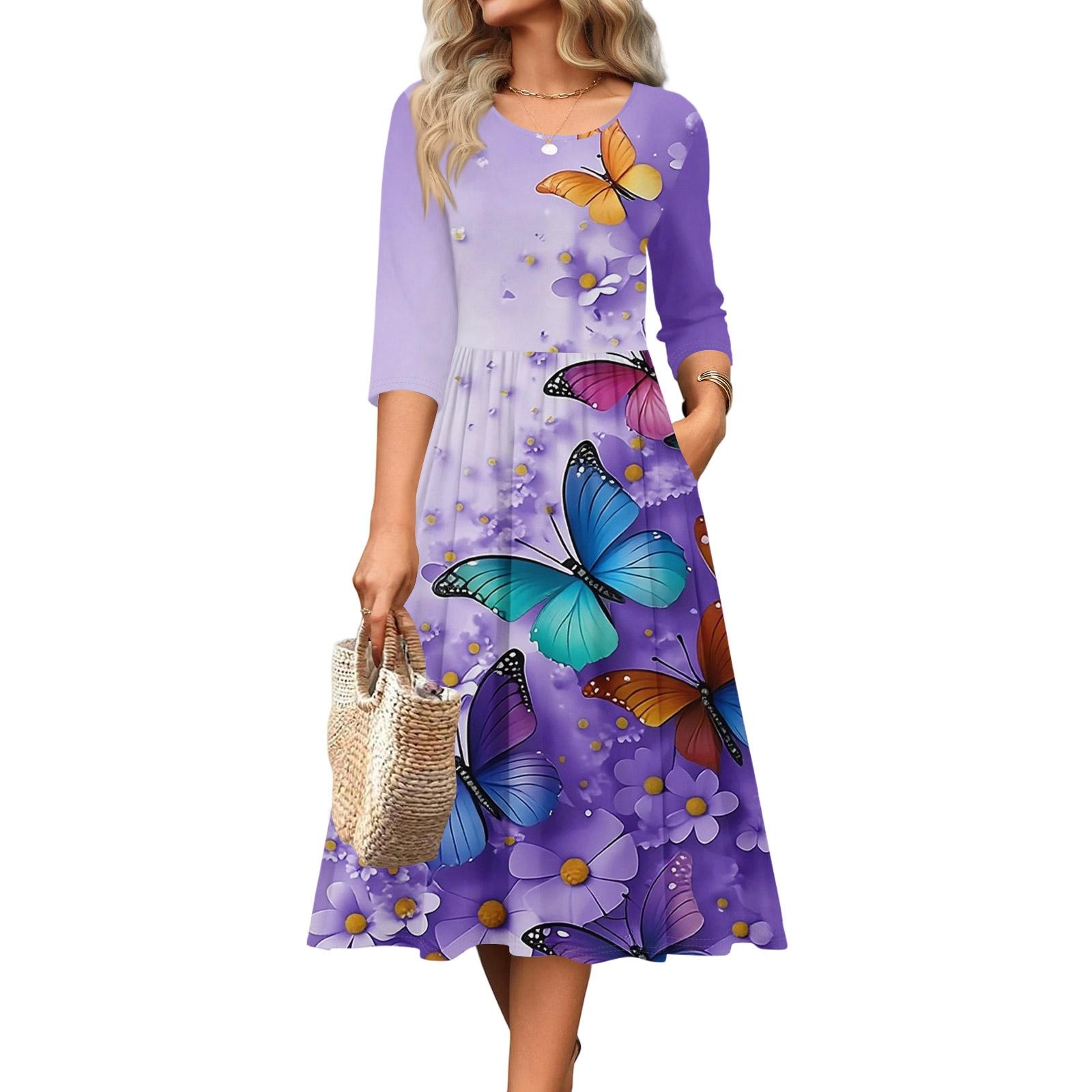 

Платье женское с рукавом 3/4, повседневное, свободное, А-силуэта, миди, футболка-платье с карманами, с круглым вырезом, для отдыха, в стиле бохо, пляжное, летнее L фиолетовый