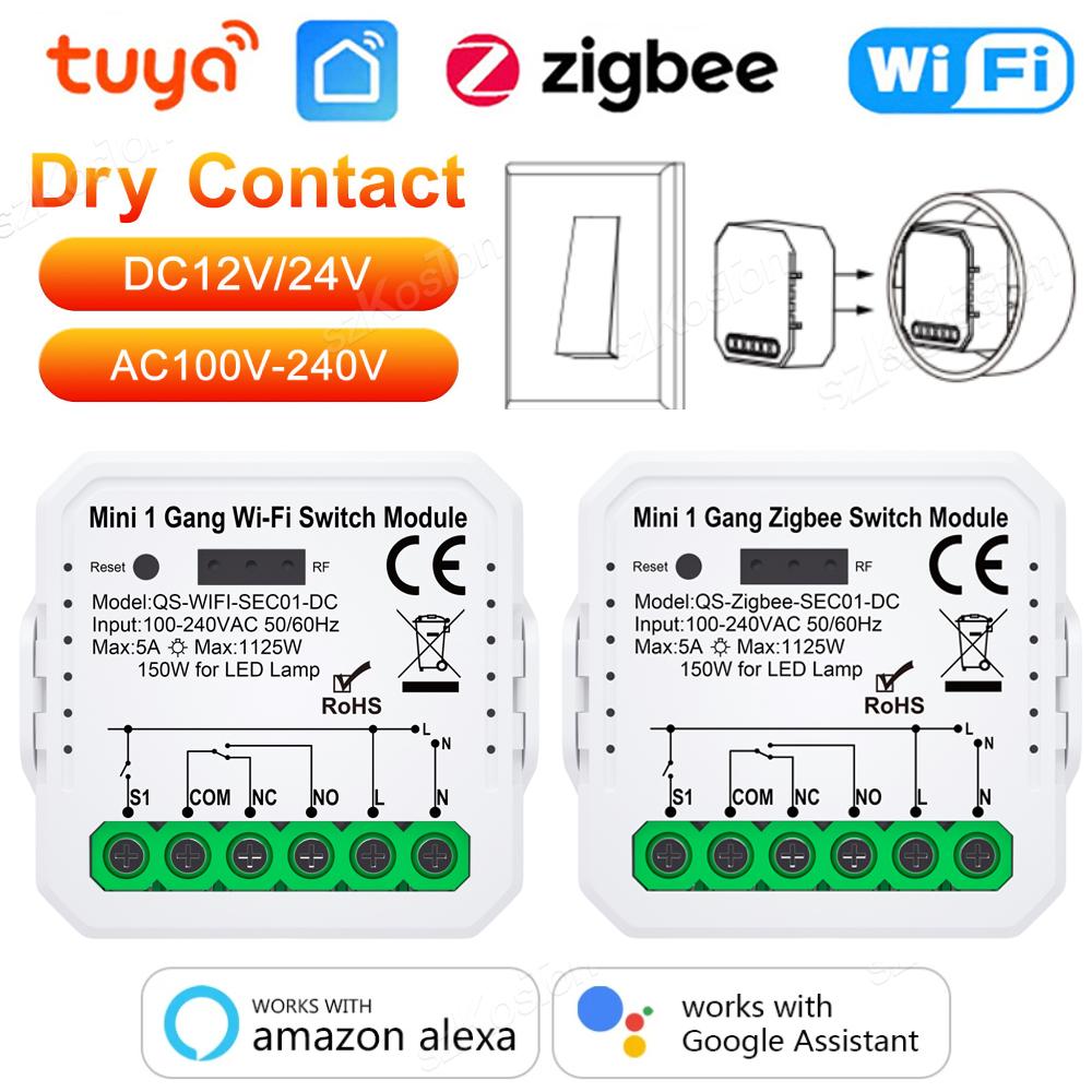 Tuya ZigBee3.0 WiFi Smart Switch Smart Home Dry Contact Module DC 12/24V AC 100-240V DIY Breaker Relay Works with Alexa Google