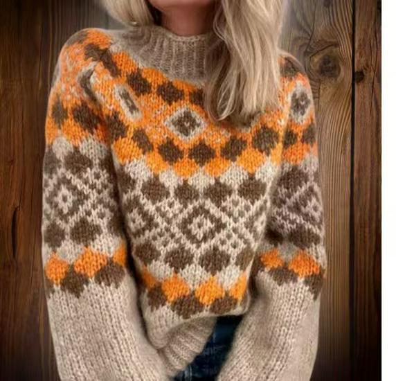 Women's High Neck Color Block Loose Knit Sweater