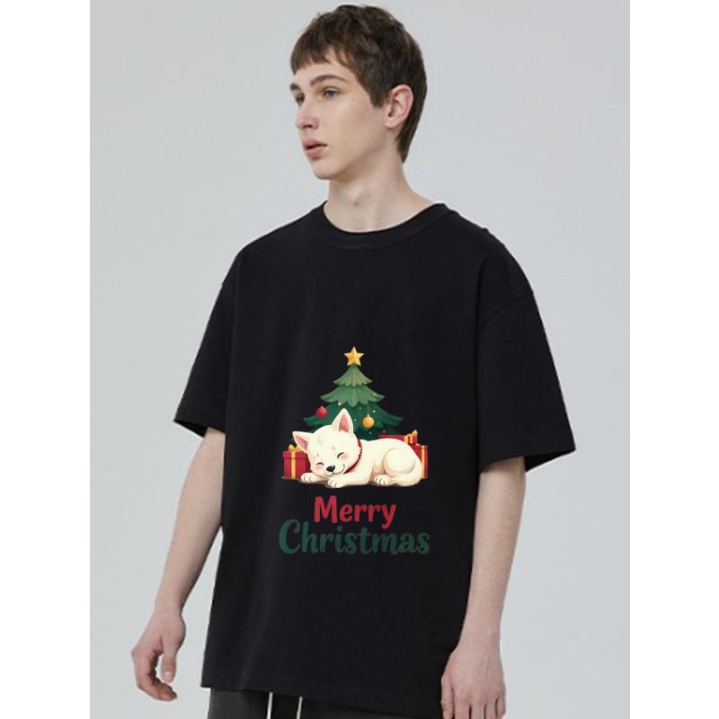 Christmas T Shirt Black Cute Dog and Christmas Tree with Merry Christmas Text Holiday Party Wear