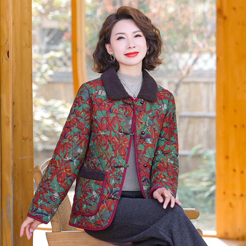 Women's Floral Print Lamb Wool Collar Cotton Jacket