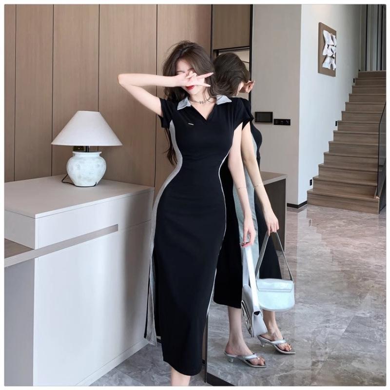 French Dopamine Spicy Girl Slimming Dress - Summer 2025 New Arrival, Color Block Patchwork, Long Slit Design