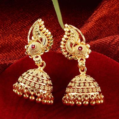 Joyería tradicional de templo de oro de 18 quilates, un gramo de oro, latón étnico, elegantes pendientes de tuerca con cierre de rosca Ghungroo del sur de la India, Meenakari Peacock
