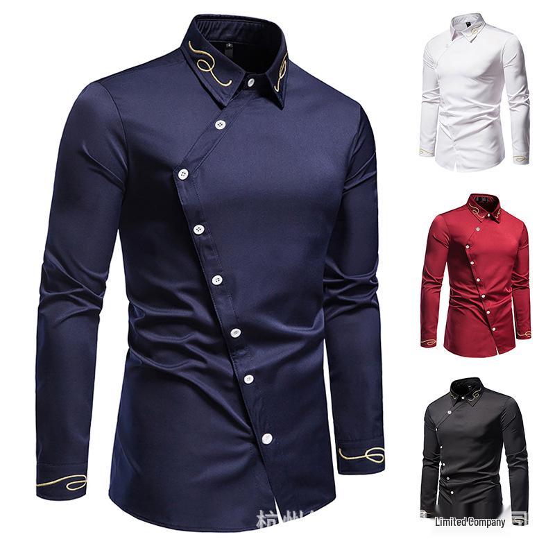 European Hollow-Out Asymmetrical Embroidered Men's Long Sleeve Western Shirt
