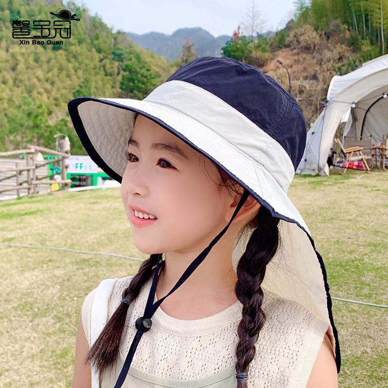 1155 children's hats boys and girls summer outdoor sun protection visor big brim shawl neck protection two-color bucket hat
