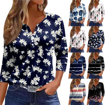 Damska koszulka T-shirt z nadrukiem Rękaw 3/4 Codzienny weekend Moda Podstawowy Dekolt w kształcie litery V Regularny top